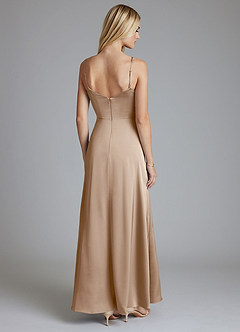 Azazie Azuree Bridesmaid Dresses Taupe A-Line Pleated Stretch Satin Dress image2
