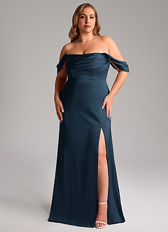Azazie Saige Vestidos de damas de honor Vestido Azul Marino Oscuro de Satén Elástico de Corte Recto con Hombros descubiertos image12