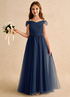 Azazie Yuna Girls Formal Flower Girl Dresses Dark Navy A-Line Off the Shoulder Tulle Dress image3