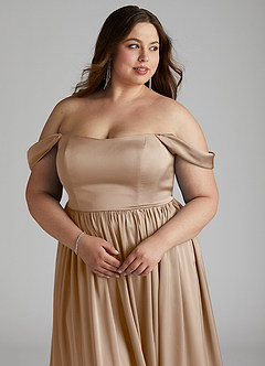 Azazie Morana Jurken voor bruidsmeisjes Converteerbaar Jurk van Stretch Satijn met A-Lijn Off the Shoulder Taupe image17