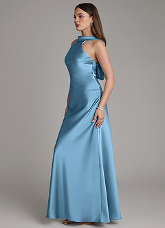 Azazie Dimitra Bridesmaid Dresses Steel Blue Sheath Pleated Stretch Satin Dress image5
