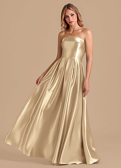 Azazie Lucienne Bridesmaid Dresses Champagne A-Line Pleated Metallic Satin Dress image1