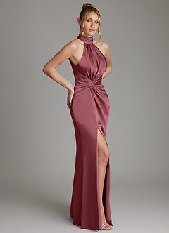 Azazie Gracelynn Bridesmaid Dresses Desert Rose Sheath Pleated Stretch Satin Dress image7