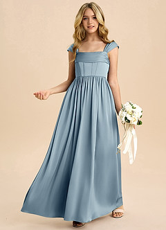 Azazie Hattie Junior Dusty Blue A-Line Pleated Stretch Satin Dress image4