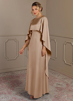 Azazie Eli Mother of the Bride Dresses Taupe Sheath Boatneck Stretch Satin Dress image3