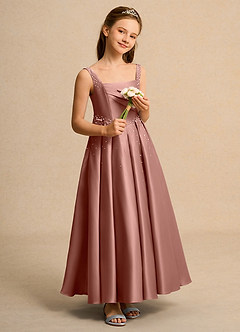 Azazie Mochi Girl Jurken voor bloemenmeisjes Baljurk Jurk van Mat Satijn Geplooid Ceder Roos image4