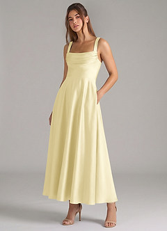 Azazie Shaude Robes de demoiselle d'honneur Robe Trapèze en Satin extensible Plissée Sorbet Citron image5