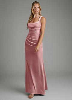 Azazie Agustina Vestidos de damas de honor Vestido Rosa Polvorienta de terciopelo de Corte Sirena con Corsé image3