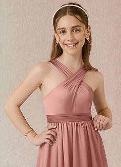 Azazie Jiya Junior Vestido de Rosetón de Satén Elástico de Corte En A con Plisado image4