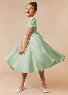 Azazie Anirra Flower Girl Dresses Dusty Sage Ball-Gown Pleated Matte Satin Dress image2