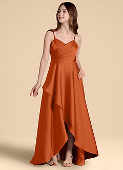 Azazie Prisha Junior Robe Trapèze en Satin extensible Plissée Orange Brûlée image4