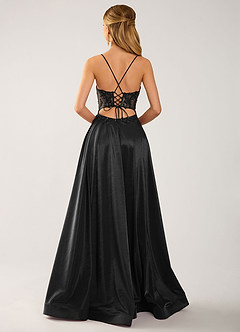 Isoldemark Black Corset Lace Satin Slit Prom Dress image2
