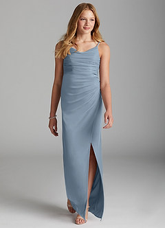Azazie Deandra Junior Dusty Blue Sheath Stretch Chiffon Dress image3