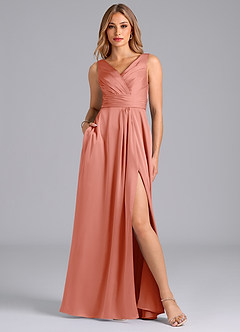 Azazie Karina Bridesmaid Dresses Coral A-Line Pleated Stretch Satin Dress image1