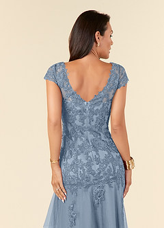 Azazie Romy vestidos de madre de la novia Vestido de Azul Polvoriento de Tul de Sirena con Cuello en V Lentejuelas image6