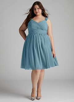Azazie Angie Robes de demoiselle d'honneur Robe Trapèze en Mousseline de soie Corset Bleu Maussade image11