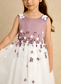Azazie Eleni Blumenmädchenkleider Ballkleid Schleifen Tüll Kleid Elfenbein Altrosa image7