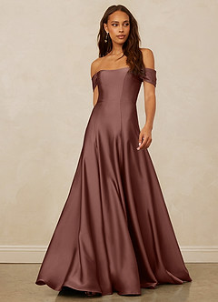 Christian Siriano Bridal for Azazie 1002 Bridesmaid Dresses Espresso A-Line Off the Shoulder Stretch Satin Convertible Dress image1