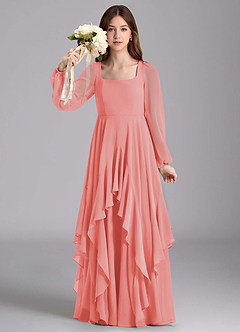 Azazie Clara Junior Abito A-Line in Chiffon Blusa Corallo image3