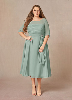 Azazie Naomi At-home Try On Dresses Agave A-Line Boatneck Pleated Chiffon Dress image10