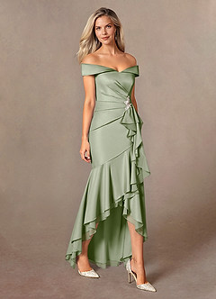 Azazie Billings Mother of the Bride Dresses Dusty Sage Mermaid Off the Shoulder Stretch Satin Dress image6