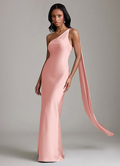 Azazie Juniper Jurken voor bruidsmeisjes Jurk van Stretch Satijn met Zeemeermin One-Shoulder Poederroze image1
