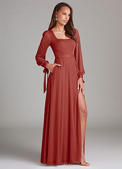 Azazie Leonia Brautjungfernkleider A-Linie Langarm Gittergewebe Kleid Terrakotta image3