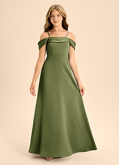 Azazie Anselie Junior Olive A-Line Off the Shoulder Stretch Satin Dress image7