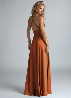 Azazie Davis Bridesmaid Dresses Cinnamon A-Line Pleated Stretch Satin Dress image3
