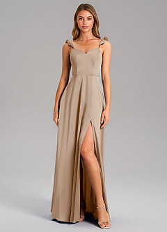 Azazie Everett Bridesmaid Dresses Taupe A-Line Stretch Satin Dress image3