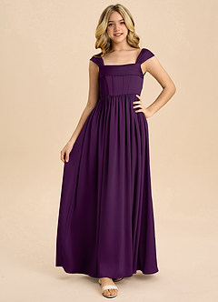 Azazie Hattie Junior Abito A-Line in Raso Elasticizzato Plissettato Uva image5