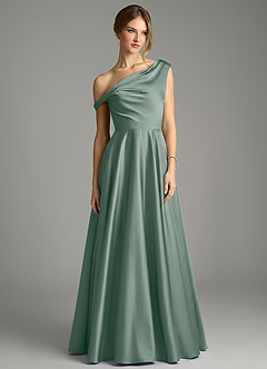 Azazie Xanthe Bridesmaid Dresses Silver Sage A-Line Off the Shoulder Stretch Satin Dress image3