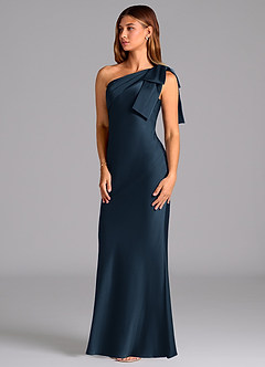 Azazie Yuanna Bridesmaid Dresses Dark Navy Mermaid One Shoulder Stretch Satin Dress image4
