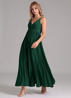 Azazie Raychelle Abiti da Damigella Abito A-Line in Raso Elasticizzato Plissettato Verde Scuro image6