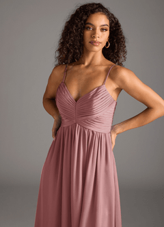 Azazie Alia Bridesmaid Dresses Dusty Rose A-Line Pleated Stretch Satin Dress image3