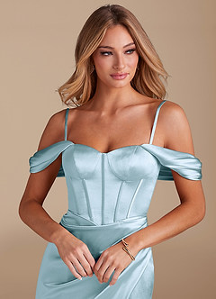 Azazie Asha Vestidos de damas de honor Vestido de Azul Cielo de Satén Metálico de Corte Recto con Vestidos sin tirantes image2