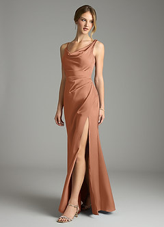 Azazie Samara Robes de demoiselle d'honneur Robe Sirène en Satin extensible Plissée Bronze image3