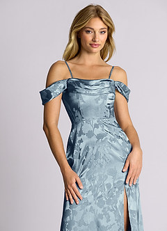 Azazie Saige 신부 들러리 드레스 인어 오프 더 숄더 자카드 바닥 길이 드레스 image2