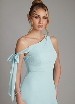 Azazie Aylin Bridesmaid Dresses Sea Glass Sheath Off the Shoulder Chiffon Dress image4