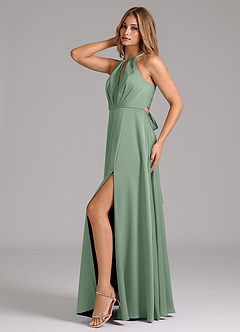 Azazie Evalleen Bridesmaid Dresses Matcha A-Line Pleated Stretch Satin Dress image4