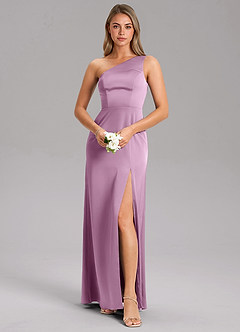 Azazie Phaedra Bridesmaid Dresses Wisteria A-Line One Shoulder Stretch Satin Dress image7