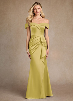 Azazie Laredo Moeder van de bruid jurken Zeemeermin Jurk van Stretch Satijn Off the Shoulder Kanarie image1