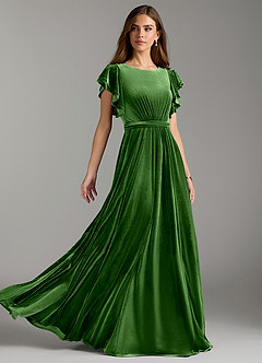 Azazie Daphne Modest Bridesmaid Dresses A-Line Velvet Floor-Length Dress with Belt image1