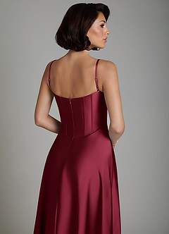 Azazie Nona Bridesmaid Dresses Burgundy A-Line Pleated Stretch Satin Dress image4