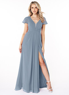 Azazie Reverie Bridesmaid Dresses Dusty Blue A-Line V-Neck Ruched Chiffon Dress image1