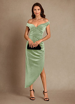 Azazie Nabila Mother of the Bride Dresses Dusty Sage Column Off the Shoulder Velvet Dress image1