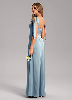Azazie Frostine Vestidos de damas de honor Vestido de Azul Polvoriento de Satén Elástico de Corte en A con Lazo image6