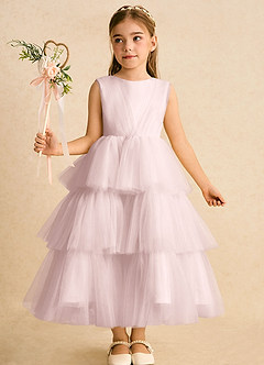 Azazie Marshmallow Flower Girl Dresses Blushing Pink Ball-Gown Bow Tulle Dress image6