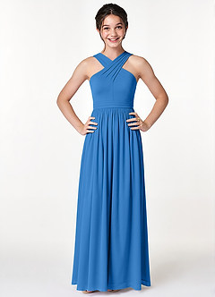 Azazie Jiya Junior Blue Jay A-Line Pleated Mesh Dress image4