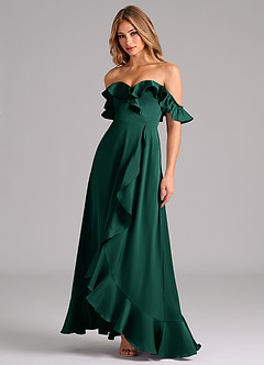 Azazie Lyra Bridesmaid Dresses Emerald A-Line Off the Shoulder Stretch Satin Convertible Dress image4